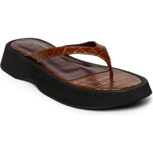STAUD Tessa Croc-Embossed Leather Platform Thong Sandals